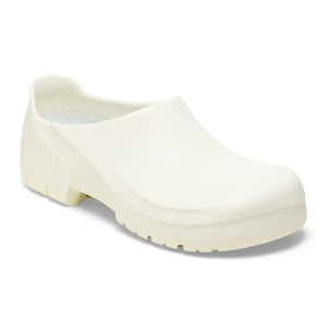 White slip-resistant medical clog with closed toe and contoured sole for healthcare professionals