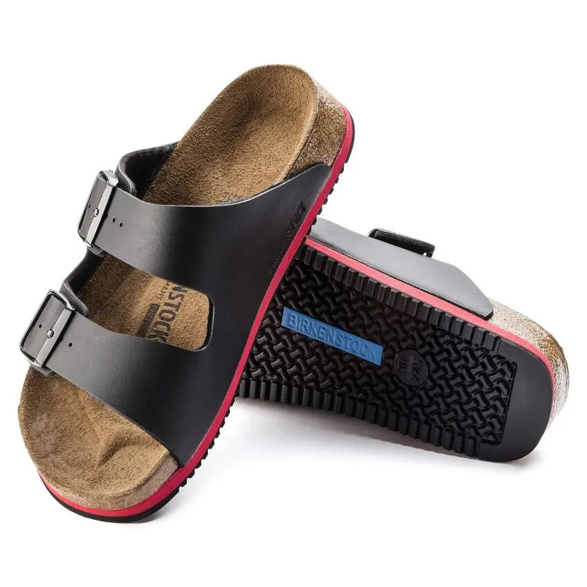 Black two-strap orthopedic sandals with contoured footbed and textured anti-slip sole