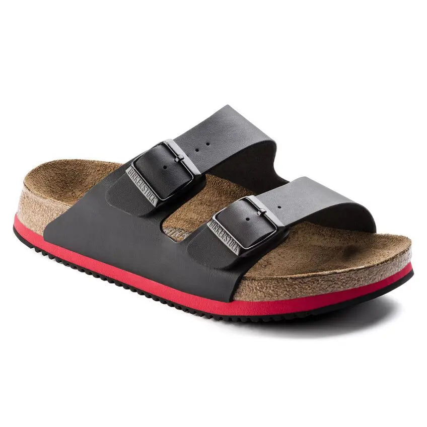 Black double-strap sandal with cork footbed and red accent sole, orthopedic style footwear.