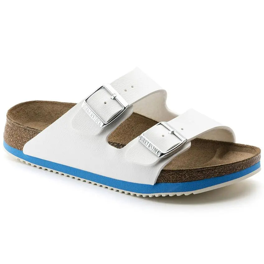 White two-strap sandal with cork footbed and blue outsole, orthopedic comfort shoe