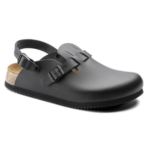 Black soft footbed clog with adjustable slingback strap and cork sole on white background