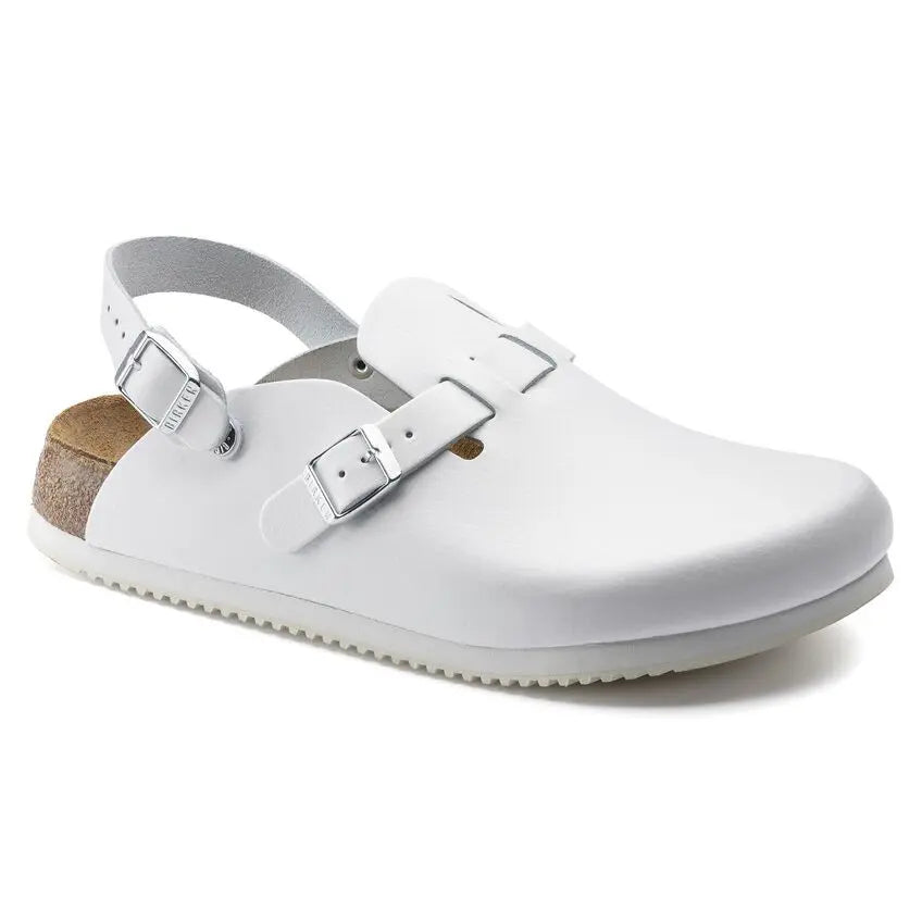 White medical clog with soft footbed, adjustable straps, and non-slip sole