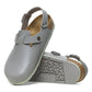 Grey slip-resistant clogs with adjustable strap and textured sole, ideal for healthcare workers