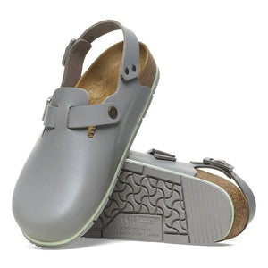 Grey slip-resistant clogs with adjustable strap and textured sole, ideal for healthcare workers