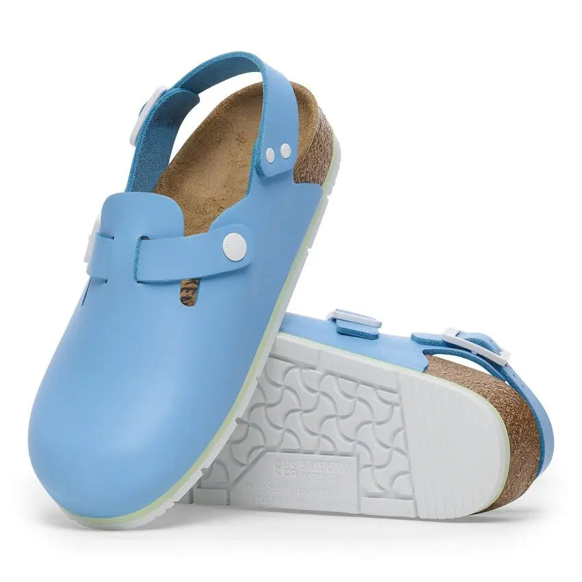 Light blue medical clogs with adjustable straps and non-slip white soles