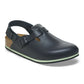 Black closed-toe clog with adjustable strap, slip-resistant sole, and ergonomic footbed