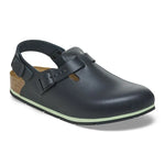 Black closed-toe clog with adjustable strap, slip-resistant sole, and ergonomic footbed