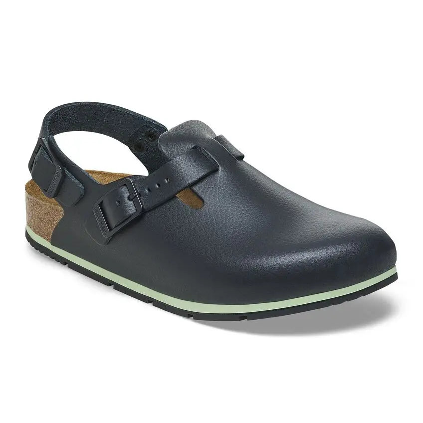 Black closed-toe clog with adjustable strap, slip-resistant sole, and ergonomic footbed