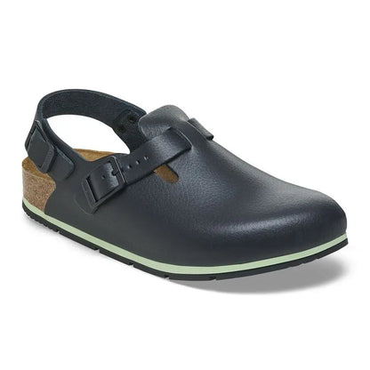 Black closed-toe clog with adjustable strap, slip-resistant sole, and ergonomic footbed