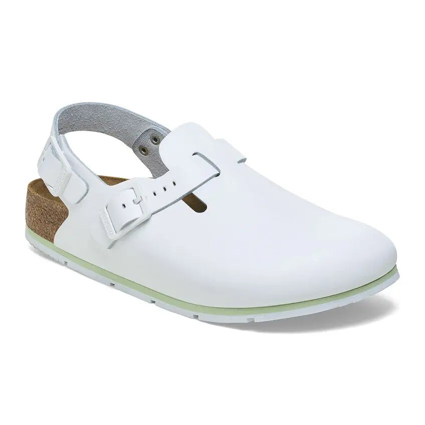 White medical work clog with adjustable strap, slip-resistant sole, and closed toe design