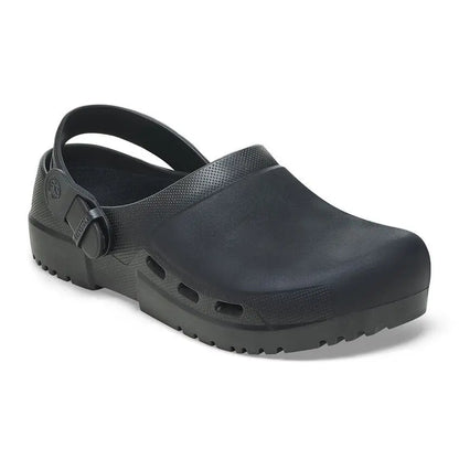 Black medical work clog with adjustable strap and ventilation slots, slip-resistant sole