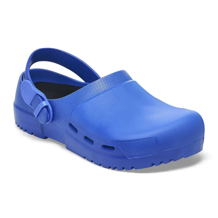 Blue medical clogs with slip-resistant sole, ergonomic design, and adjustable strap
