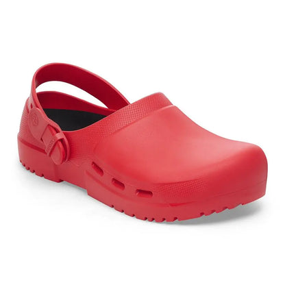 Red medical clogs with adjustable strap and slip-resistant sole, ideal for healthcare professionals