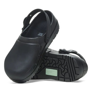Black slip-resistant clogs with adjustable backstrap, ideal for healthcare professionals.
