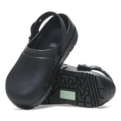 Black slip-resistant clogs with adjustable backstrap, ideal for healthcare professionals.