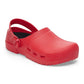 Red medical clogs with ventilation holes and adjustable heel strap on white background
