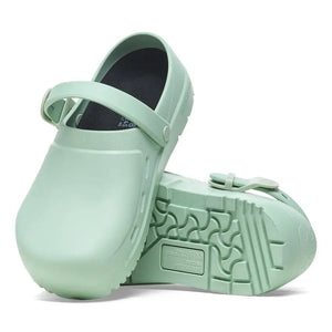 Light green medical clogs with slip-resistant sole and adjustable heel strap, ideal for healthcare.