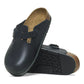 Birkenstock Boston PRO footwear showing tan leather clogs with adjustable straps and cork footbed for comfortable support.