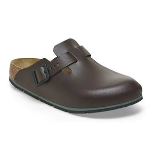 Birkenstock Boston PRO footwear, beige slip-on clog with adjustable strap and cushioned cork footbed for comfort and support.