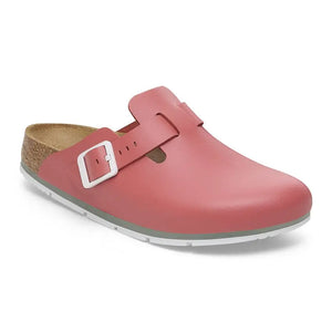 Birkenstock Boston PRO footwear with beige leather upper and contoured cork footbed, casual slip-on style.