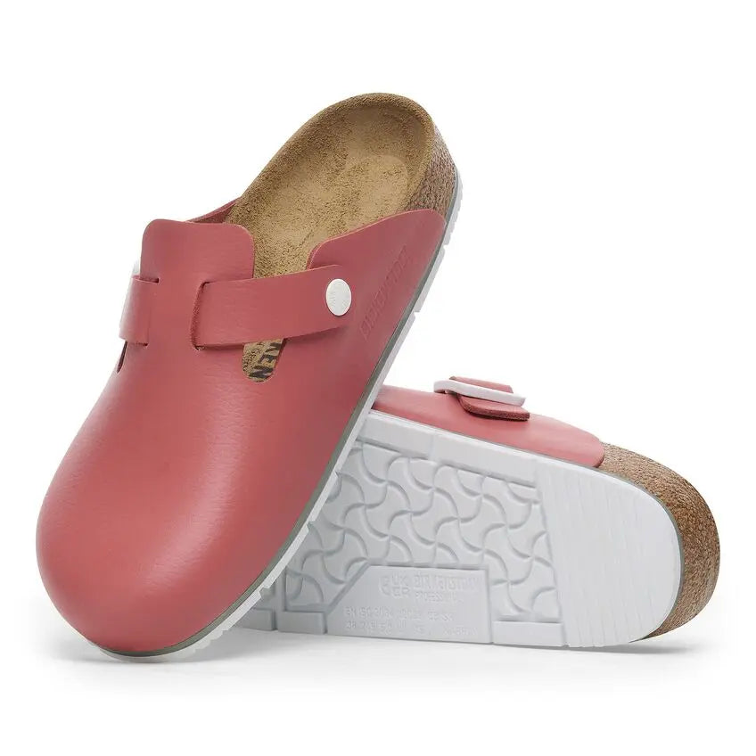 Birkenstock Boston PRO footwear, slip-on clog with cushioned footbed and ergonomic design, beige leather upper and rubber sole.