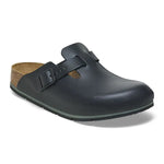 Birkenstock Boston PRO footwear showing dark brown leather clogs with adjustable strap and cork footbed.
