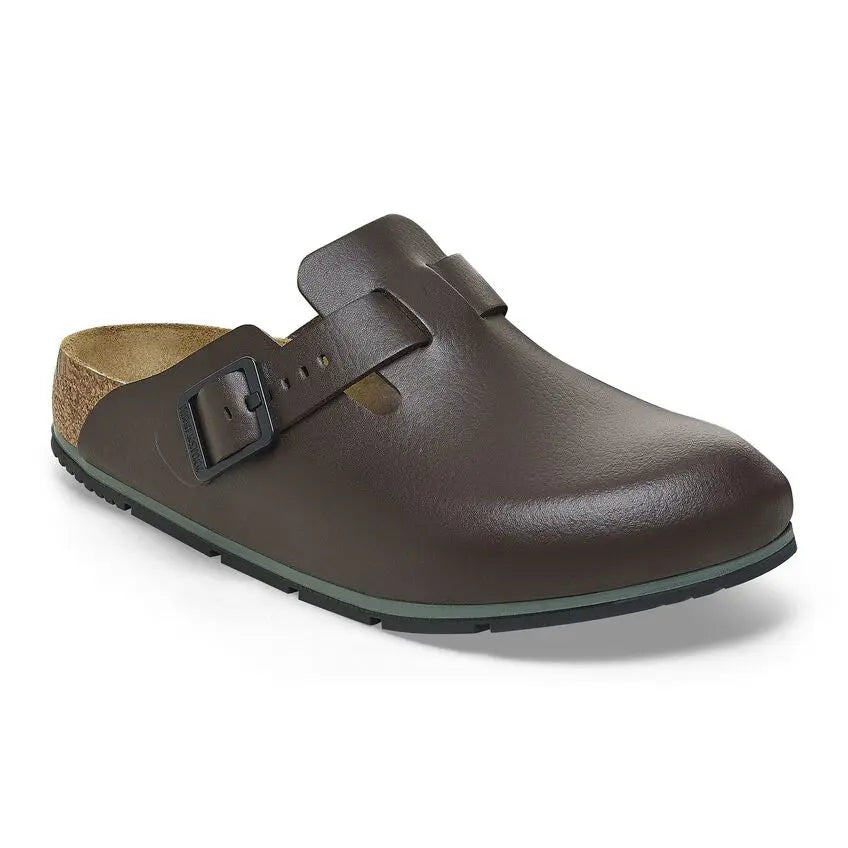 Birkenstock Boston PRO footwear with supportive footbed and adjustable straps, shown in a natural tan color.