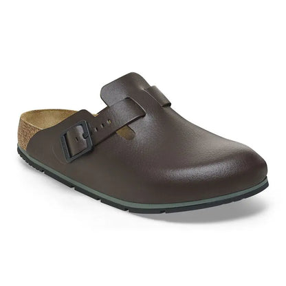 Birkenstock Boston PRO footwear with supportive footbed and adjustable straps, shown in a natural tan color.