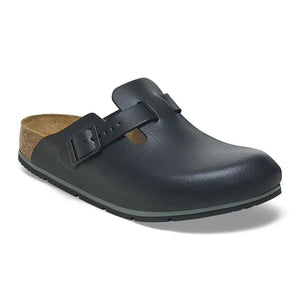Birkenstock Boston PRO footwear in neutral color, featuring comfortable slip-on clogs with supportive footbed and buckled strap.
