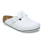 Birkenstock Boston PRO footwear featuring black leather slip-on clogs with adjustable strap and cushioned footbed.