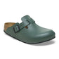 Green closed toe clog with adjustable buckle, slip resistant sole, medical footwear
