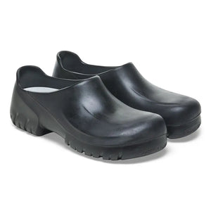 Black slip-resistant medical clogs for healthcare professionals on white background.