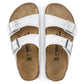 White double-strap sandals with cork soles, top view, medical footwear style