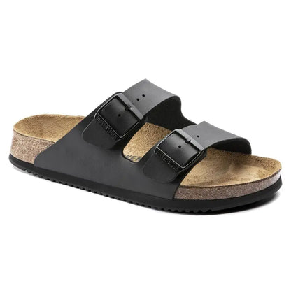 Black two-strap sandal with cork footbed and adjustable buckles, orthopedic footwear