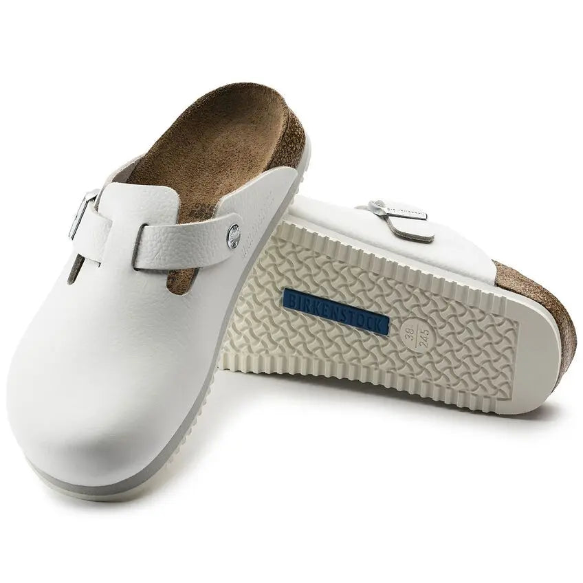 White slip-on medical clogs with non-slip sole, closed toe, Birkenstock branding visible