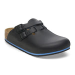 Black medical clog with dual adjustable buckles, blue outsole trim, ergonomic footbed