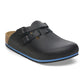 Black slip-on clog with adjustable double straps and blue sole, medical work shoe