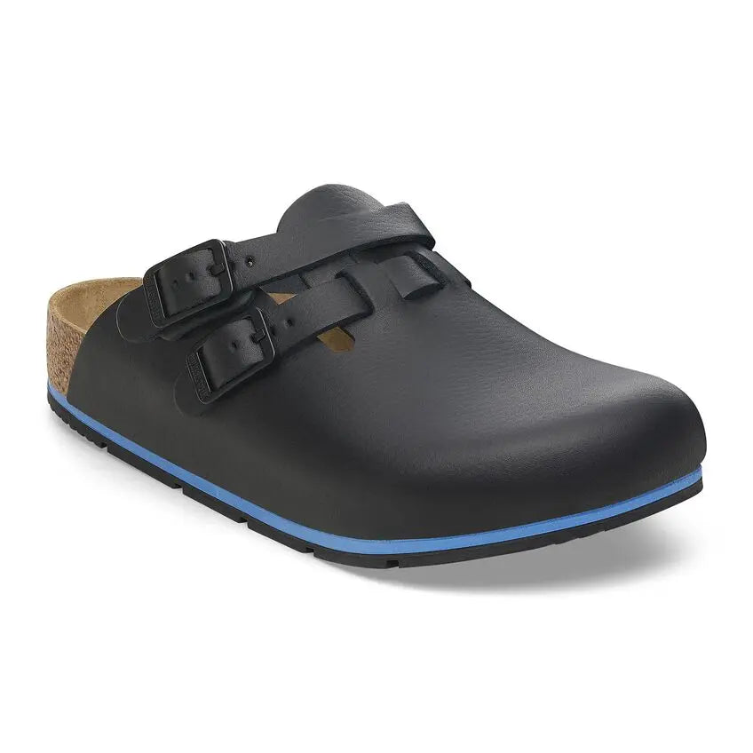 Black slip-on clog with adjustable double straps and blue sole, medical work shoe