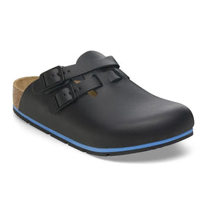 Black slip-on clog with adjustable double straps and blue sole, medical work shoe