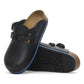 Black medical clogs with adjustable straps and blue sole, slip-resistant footwear