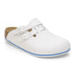 White medical clog with dual buckle straps and blue-accented sole, slip-resistant footwear