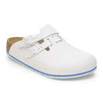 White medical clog with dual buckle straps and blue-accented sole, slip-resistant footwear