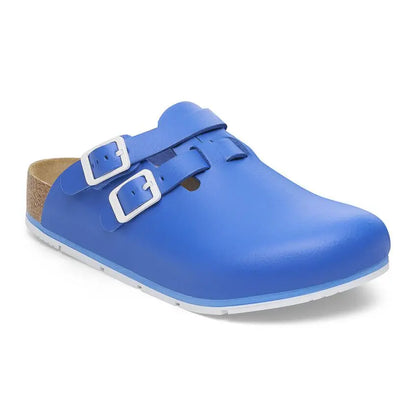 Blue medical clog with dual adjustable buckles, slip-resistant sole, and ergonomic design