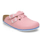 Pink medical clog with dual buckle straps, slip-on style, blue and white sole