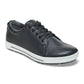 Black leather lace-up comfort shoe with white rubber sole on white background