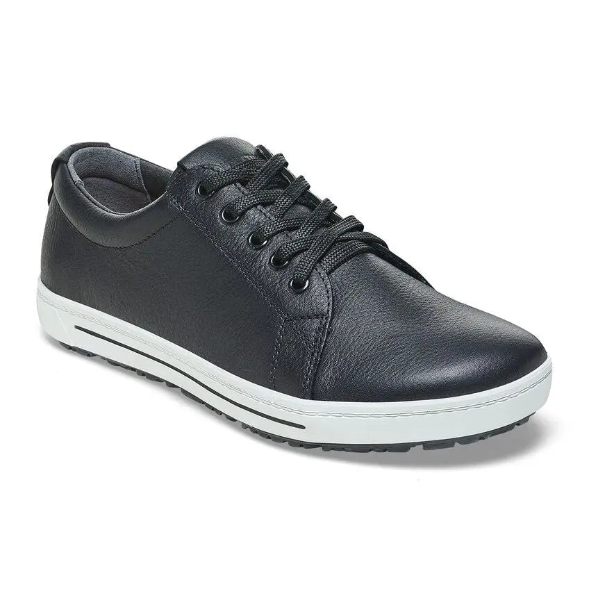 Black leather lace-up comfort shoe with white rubber sole on white background