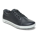 Black leather lace-up comfort shoe with white rubber sole on white background