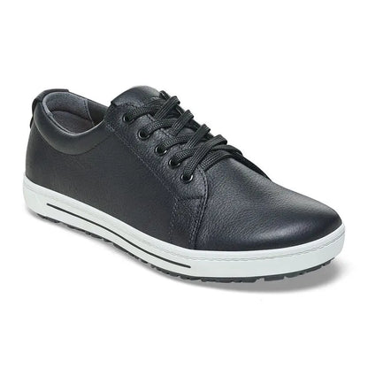 Black leather lace-up comfort shoe with white rubber sole on white background