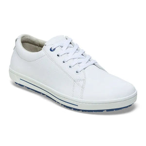 White leather lace-up sneaker with blue sole accents on a plain background