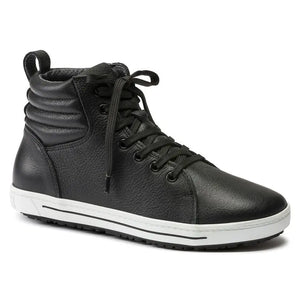 Black high top sneaker with textured leather upper, lace-up closure, and white sole